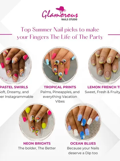 Our top picks for summer nails. This graphic showcases some of our favorite warm-weather styles, including pastel swirls, tropical prints, lemon tips, neon brights, and ocean blues.