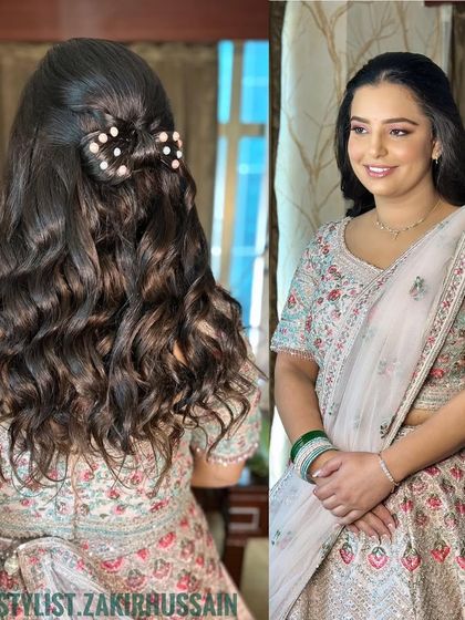 A cute and playful half-up style with a hair bow made of hair and decorated with pearls.