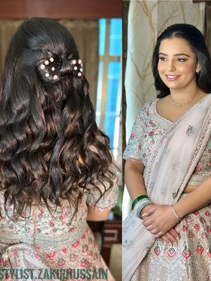 A cute and playful half-up style with a hair bow made of hair and decorated with pearls.
