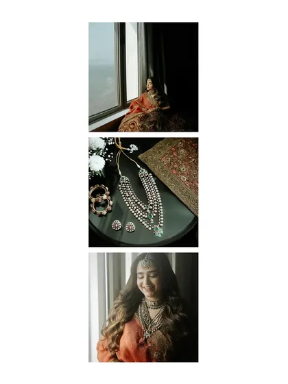 A collage of bridal details, including portraits and close-ups of her stunning jewelry. It's a beautiful summary of her wedding day look.