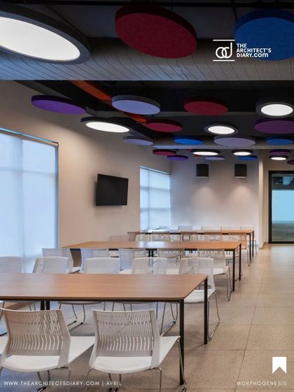 The cafeteria at Adani Realty uses colorful acoustic panels on the ceiling to manage sound and add a playful visual element. The space is designed to be bright and functional, providing a comfortable area for employees to relax and socialize.