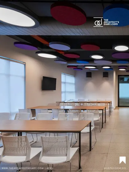 The cafeteria at Adani Realty uses colorful acoustic panels on the ceiling to manage sound and add a playful visual element. The space is designed to be bright and functional, providing a comfortable area for employees to relax and socialize.