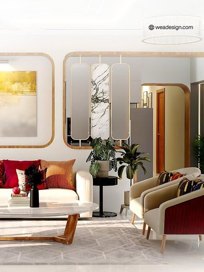 Another example of quiet luxury, this living space features rounded forms, a marble coffee table, and a mix of plush textiles.