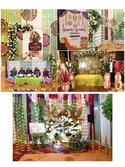 A collage of the vibrant Mehendi and Haldi decor, featuring colorful drapes, floral arrangements, and personalized signage.