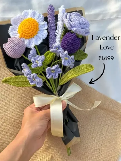 Our 'Lavender Love' bouquet, priced at ₹1,699, is a beautiful mix of purple and white flowers, including a daisy, tulip, rose, and lavender stems.