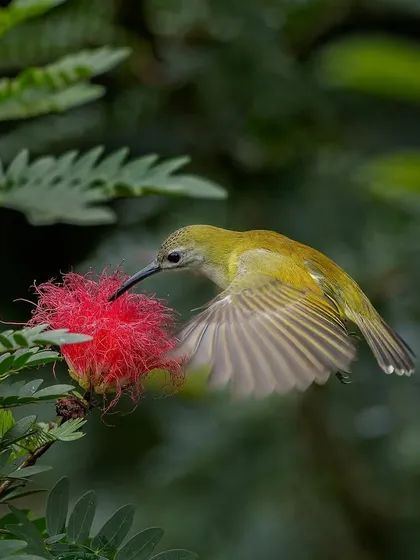 Another angle of the Little Spiderhunter, showing the blur of its wings as it maintains a stable position while feeding.