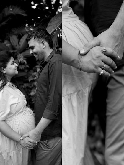 A black and white collage that pairs a portrait of the couple looking at each other with a close-up of their hands intertwined, highlighting their connection.