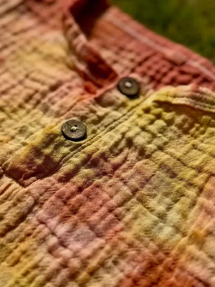 A close-up of the naturally dyed kids' top, showing the coconut shell buttons and the rich texture of the organic cotton fabric. Every detail is chosen with care and sustainability in mind.