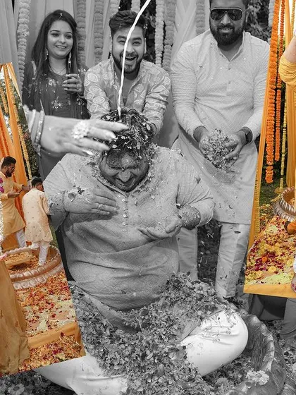 A collage capturing the wild and fun moments of a Haldi ceremony, with guests joyfully participating in the traditions. The black and white center photo adds an artistic touch.