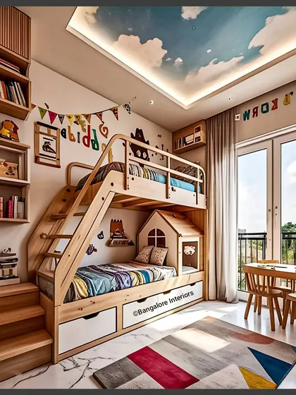I love creating fun and functional spaces for kids. This custom bunk bed features a playful house-themed lower bunk, built-in drawers for toy storage, and safe, wide stairs, all crafted from light wood for a bright and cheerful feel.