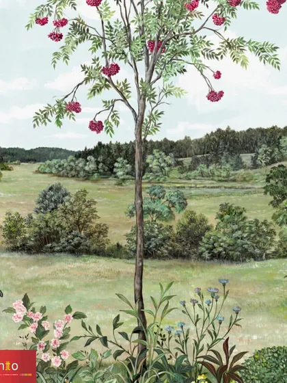 The 'Rowan' panoramic wallpaper by Nobilis transforms a wall into an idyllic garden scene. The single rowan tree stands as a focal point in a vast, peaceful landscape, bringing a sense of calm and natural grace indoors.