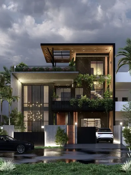This is the architectural expression of a modern luxury residence, captured at dusk. Our design integrates bold structural forms with extensive glazing and lush terrace greenery, using strategic exterior lighting to accentuate the home's sophisticated, multi-layered facade and create a commanding presence.