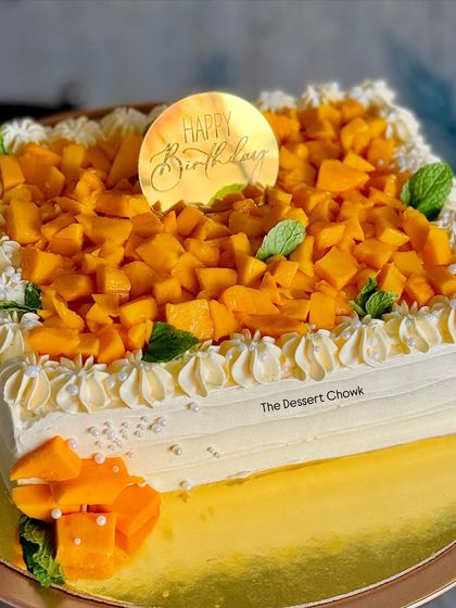 The full view of my square Mango Maharaja cake, a perfect centerpiece for any summer birthday party.