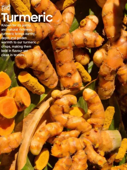 I use only young, seasonal turmeric for its purity and natural richness. This image shows the raw turmeric root, which brings an earthy depth and golden warmth to my healthy turmeric crisps.