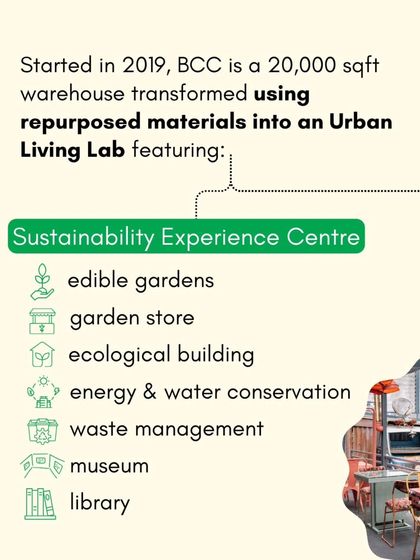 An infographic detailing our features as a Sustainability Experience Centre, including edible gardens, ecological building, and waste management.