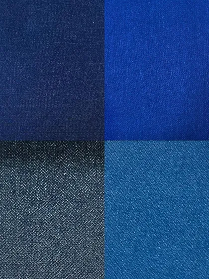 A swatch collection showing four different dark blue denim options. This demonstrates the variety in shade and texture, from deep indigo to royal blue.