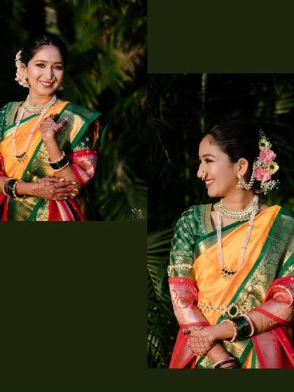A collage of two bridal portraits, showcasing the bride's happy expressions and the beautiful details of her traditional Maharashtrian look.