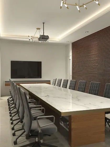 This is a 3D render of a conference room I designed. The combination of a large marble-topped table, comfortable chairs, and warm wood-slatted walls creates a sophisticated and professional meeting environment.