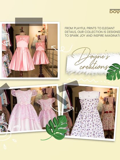 This collage gives a glimpse into my creations, from matching pink satin dresses to a classic floral print, all designed to inspire joy.
