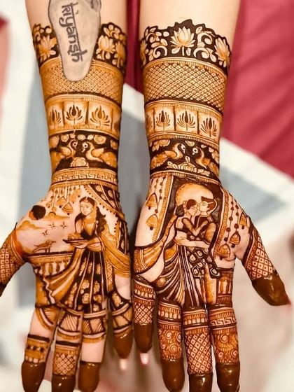 A romantic design with a couple embracing on one palm and a bride on a swing on the other, with the name 'Kiyansh' on the arm.