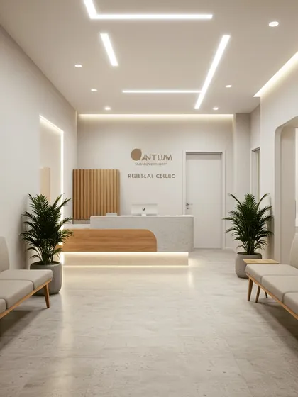 A spacious and symmetrical clinic hallway with a reception desk at the far end. The neutral tones, clean lines, and balanced placement of plants create a sense of calm and order.