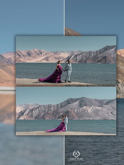 A collage showcasing the stunning scenery of Leh. The different angles and compositions highlight the grandeur of the mountains and the lake, with the couple as the beautiful centerpiece.