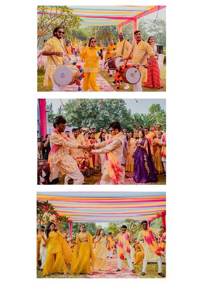A collage capturing the musical and dance-filled entrance at the Haldi ceremony, complete with dhol players.