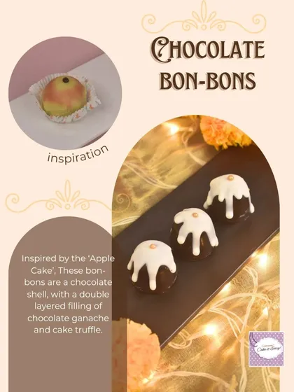 Chocolate Bon-Bons inspired by the classic 'Apple Cake', these feature a chocolate shell with a double filling of ganache and cake truffle.