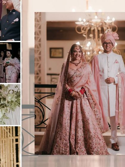 A collage featuring a full-length portrait of the couple, along with detail shots of family and decor.
