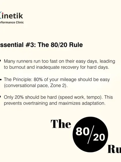 I train my athletes using the 80/20 rule. This principle dictates that 80% of your weekly mileage should be at an easy, conversational pace, with only 20% dedicated to hard efforts like speed work.