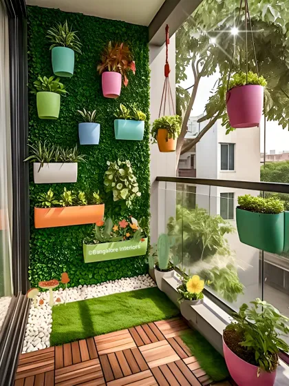 This is the same balcony design as the previous image, shown from a slightly different angle. This view highlights the interplay between the artificial turf, the wooden deck tiles, and the dense green wall, demonstrating how different textures can work together in a small space.