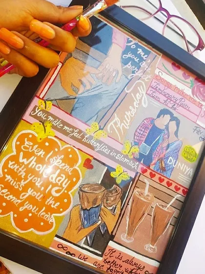 A hand-painted style mood board frame that combines illustrations, quotes, and photos to tell a couple's story in a unique, artistic way.