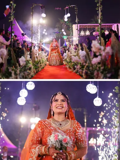 A collage showing the bride's solo entrance on a red carpet and her happy expression. It captures the excitement of the moment.