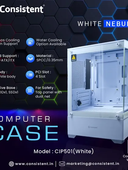 Our White Nebula computer case provides a striking, clean aesthetic for your PC build. It features a tempered glass side panel, supports up to five fans with water cooling options, and is designed for M-ATX/ITX systems.