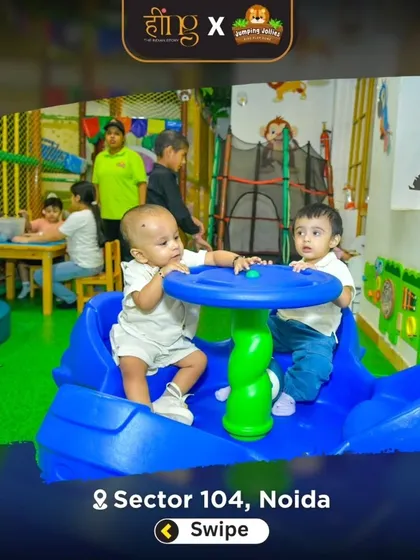 Even our littlest guests have a space to explore. Here are two toddlers enjoying one of the many soft play structures in our dedicated, safe, and clean toddler zone.
