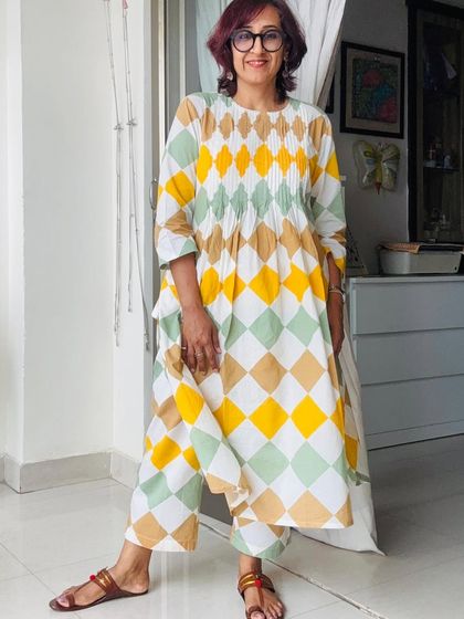 A full view of my block print kurta and pants combo. It's the perfect outfit for a relaxed long weekend.