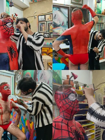 A collage showing different stages of the Spiderman body painting process. It's a fascinating transformation that requires both artistic skill and patience.