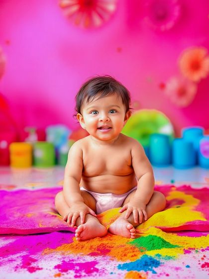 A happy baby enjoying a colorful Holi photoshoot. This shows the before and after of the digital editing process.