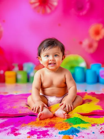 A happy baby enjoying a colorful Holi photoshoot. This shows the before and after of the digital editing process.