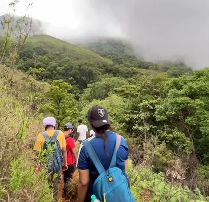 Following the path through the dense greenery of the Western Ghats. Our guides lead the way, ensuring a safe and enjoyable experience for everyone.