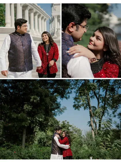A collage of Ana and Ishan's casual pre-wedding shoot, showing them walking hand-in-hand and sharing a laugh in a park-like setting.