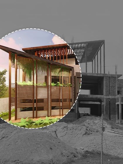 A comparison of a 3D render and an on-site construction photo for our Sitarganj Residence. This shows how we translate our digital models into physical structures, ensuring the design intent is carried through.