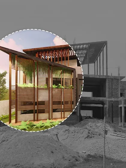 A comparison of a 3D render and an on-site construction photo for our Sitarganj Residence. This shows how we translate our digital models into physical structures, ensuring the design intent is carried through.
