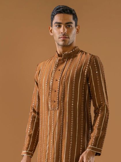 A close-up of the brown striped kurta, showing the fine details of the embroidery and mirror work. This piece assures unmatched quality and seamless elegance.