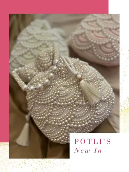 Elegance is in the details. These exquisite potli bags, handcrafted with countless tiny pearls, are the perfect accessory for a bride or a luxurious favour for your most special guests. They are a timeless piece to be cherished.
