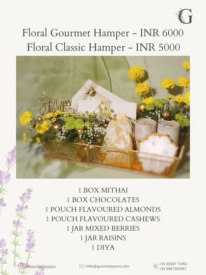 Details of our Floral Gourmet and Floral Classic Hampers for Diwali. This menu outlines the contents and pricing for these beautiful, flower-adorned gift baskets.