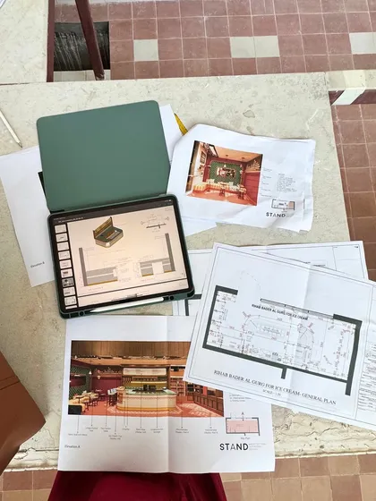 The organized chaos of a site meeting. Our plans, renders, and digital models are all laid out as we work through the details of the Mina Creamery project in Abu Dhabi.