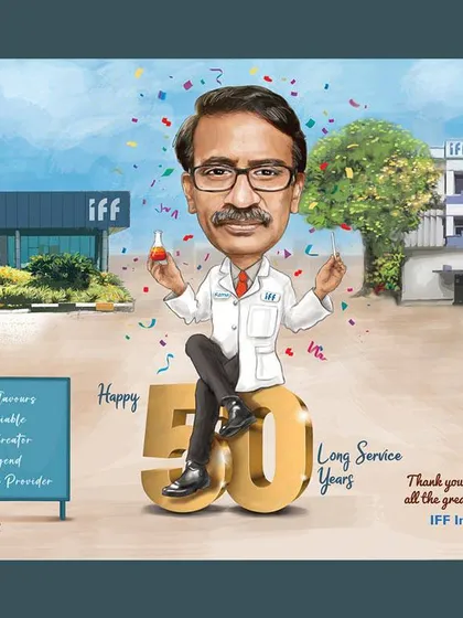 We help companies celebrate their most dedicated team members. This detailed digital caricature was commissioned by IFF India to honor an employee's incredible 50 years of service.