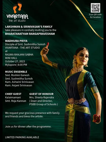Announcing the Arangetram, or solo stage debut, of my first student. I provide intensive, one-on-one guidance for this milestone, covering everything from choreography and Nattuvangam to performance preparation.
