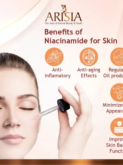 The benefits of using Niacinamide in skincare are numerous. As this graphic shows, it has anti-inflammatory and anti-aging effects, helps regulate oil production, can minimize the appearance of pores, and works to improve the overall function of your skin barrier.